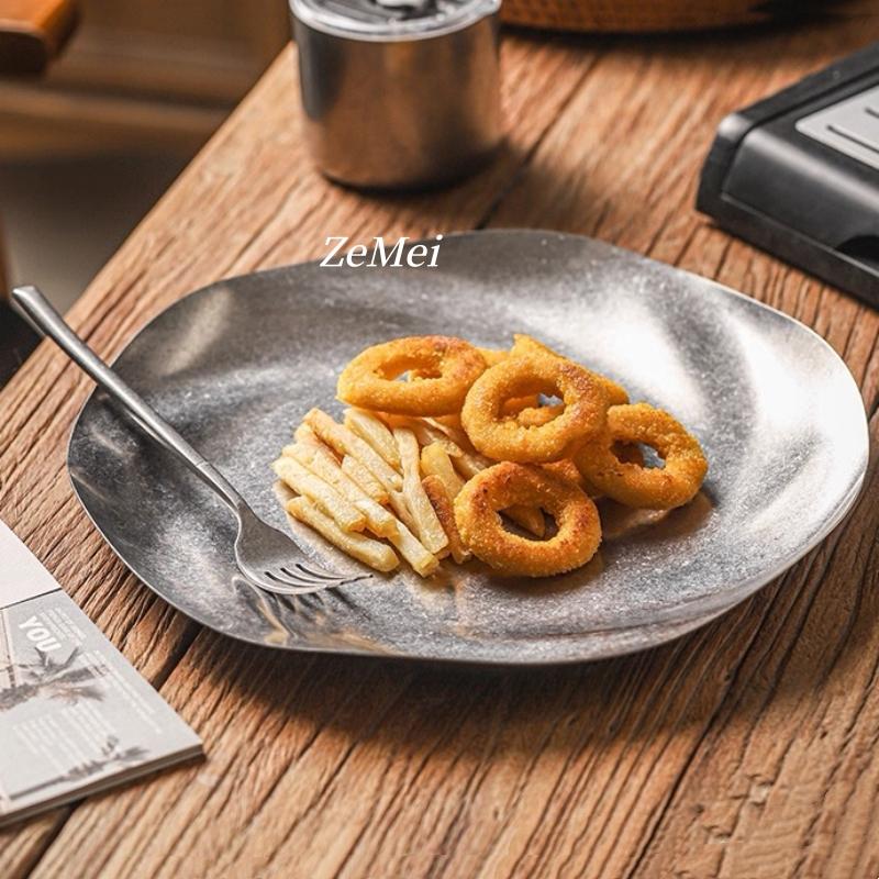 Stainless Steel Circle Dinner Plate, Home Steak Plate, Water Ripple Dinner Dishes Hamburger Fries Tray Tableware, Kitchenware