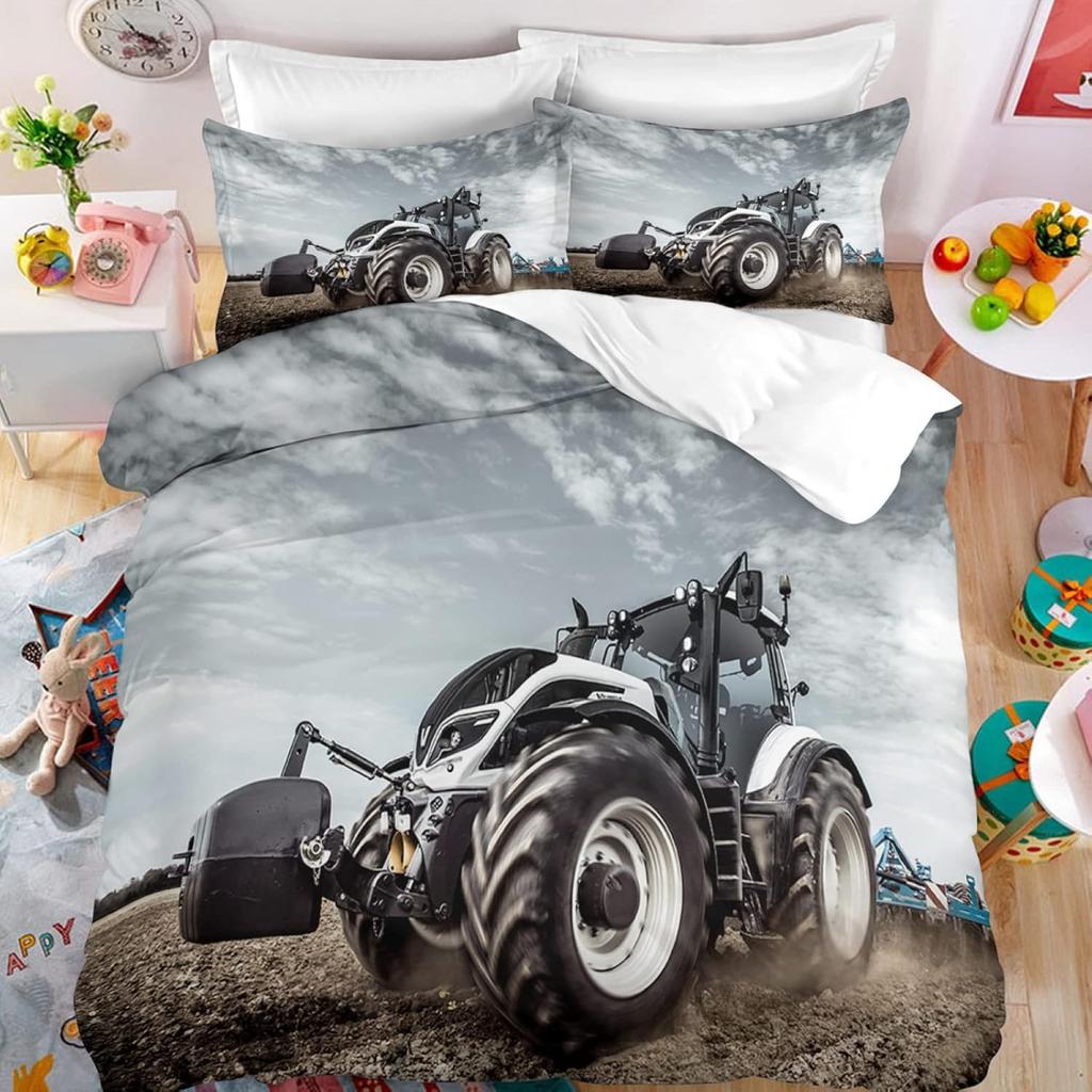 Tractor Bedding Set With Pillow Cover 75X50Cm, Tractor Pattern Boys Quilt Cover Set, Microfiber Comfortable Duvet Cover Set