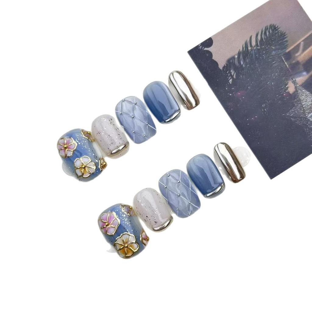 10Pcs Handmade Press On Nails Cool Tone Cat Eye Floral Pearl Design Removable Fake Nails For Women And Girls
