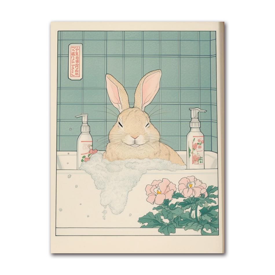 Funny Rabbit in Bathtub Animal Art Canvas Print Poster Japanese Ukiyo-e Bunny Wall Art for Nursery Home Decor Easter Gift 21X30CMNo Framed