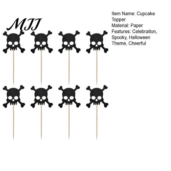 Cake Decoration for Halloween 8 Pcs Glitter Cupcake Picks, Spooky Black Skull Cream Safe Topper Toppers, Gothic Birthday Party Supplies
