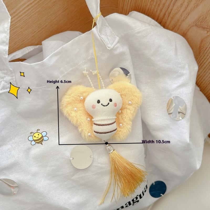 Cute Cartoon Plush Bee Tassel Keychain Pendant Butterfly Pearl Backpack Car Decor Pendant Hanging Chains Accessories Gifts