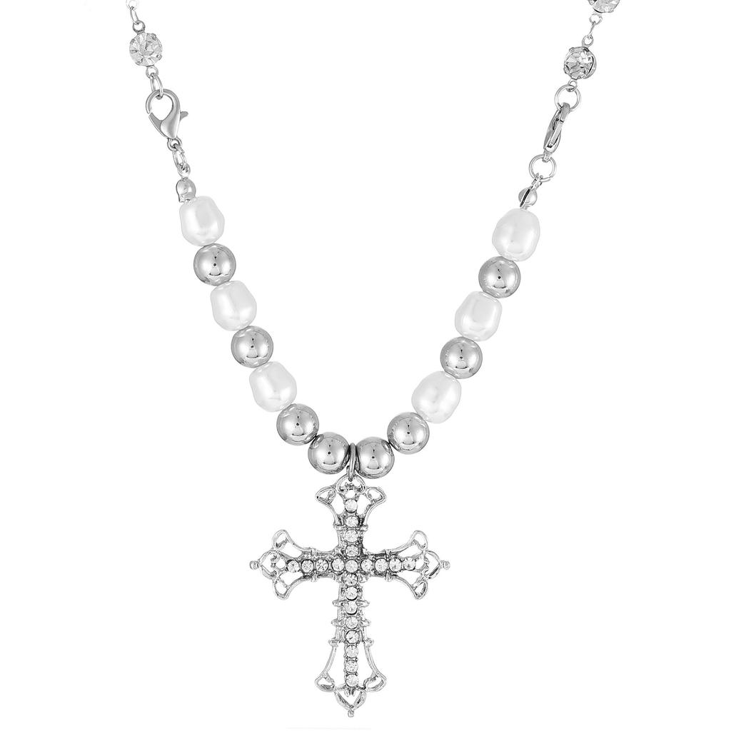 Full Diamond Cross Pearl Necklace ISN Style Hip Hop Niche Personality Punk Summer New Accessories