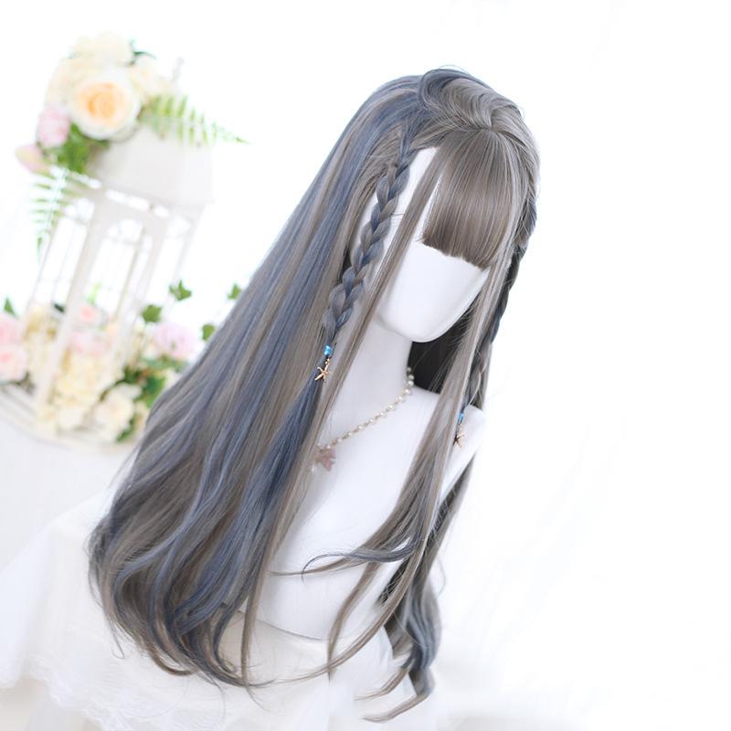 Bybrana Women's Gray Lolita Long Hair With Bangs Daily Wear Party Synthetic Hair High Temperature Wig