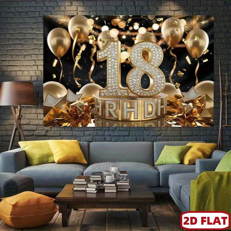 2D 18th Birthday Black Gold Glitter & Confetti Backdrop for Adult Party
