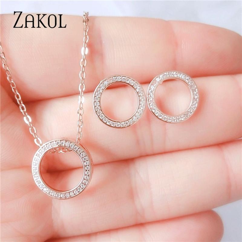 ZAKOL Fashion Sliver Color Circle Stud Earrings Necklace Set for Elegant Women Simple Zirconia Crystal Wedding Jewelry SP3016