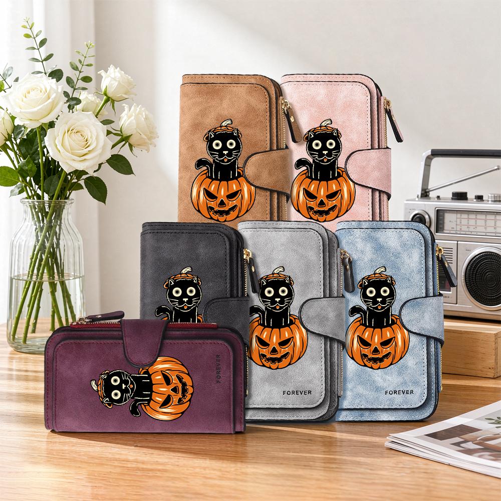 Halloween Black Cat Pumpkin Pattern Long PU Wallet Cute Fashion Multi Card Slot Purse for Daily Use