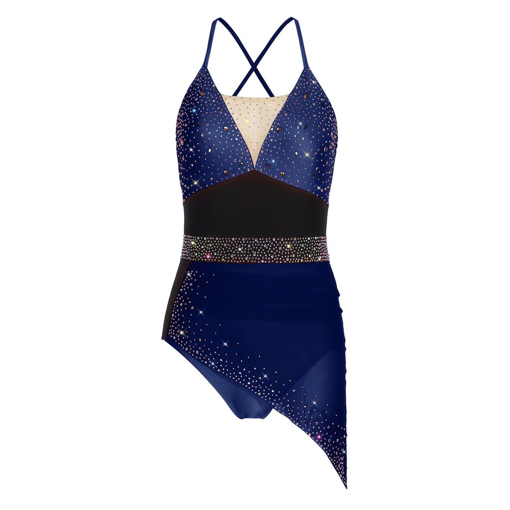 Womens Figure Skating Sling Bodysuit Sparkle Rhinestone Ruched Irregular Mesh Overlay Color Block Leotard