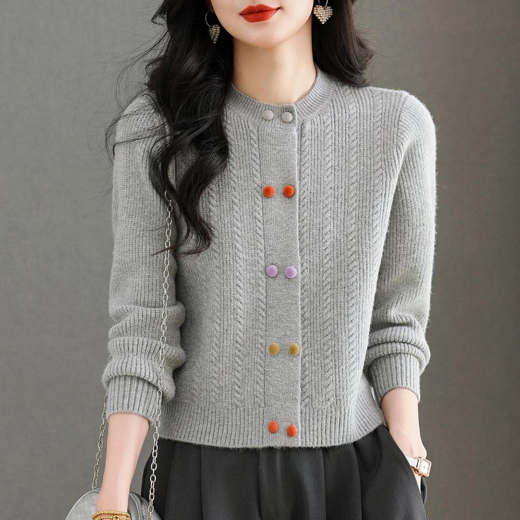 Women's Wool Knit Cardigan - Autumn 2025, Round Neck, Colorful Buttons, Short Sweater Coat
