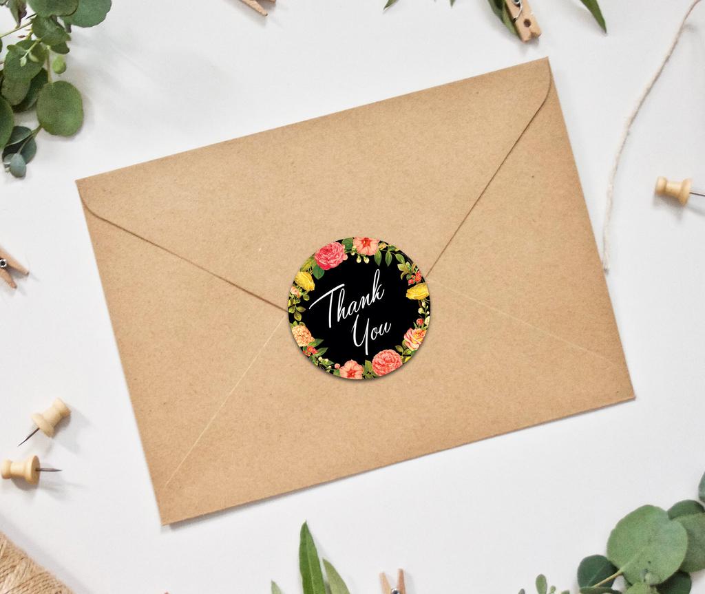 Darling Souvenir 45 Pcs Round Wedding Envelope Seal Black Floral Wreath Thank You Stickers-1.6