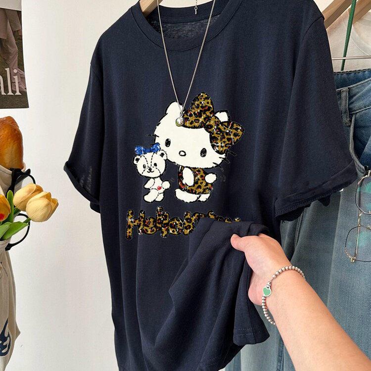 ZDM Plus Size Cooling Snowflake Cotton Short-Sleeved T-Shirt for Women – Summer Loose Fit with Letter KT Cat Print 2XL
