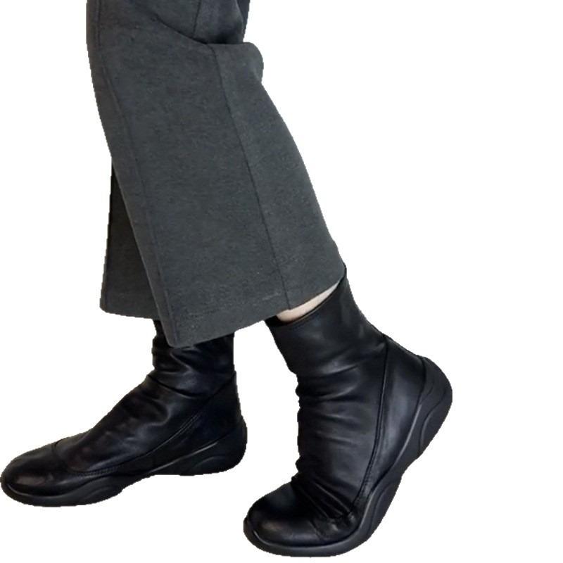 Cowhide Version~ Leather Round Head Thick Sole Retro Black Short Boots Women's Autumn and Winter Down Boots Elastic Thin Boots Martin Boots