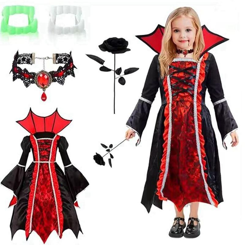 6-12 Years Kids Girls Halloween Vampire Costumes Witch Role Play Dress