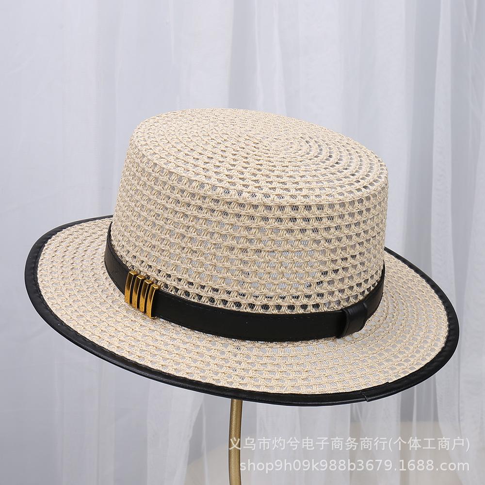Hepburn Style Flat Top Straw Hat Women's New Sunscreen Sun Hat British Style Straw Woven Flat Edge Hat Summer Sunshade Hat
