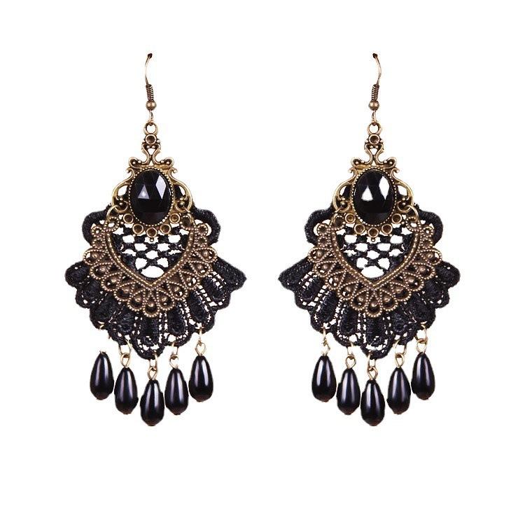 Elegant European & American Antique Black Tassel Lace Stud Earrings