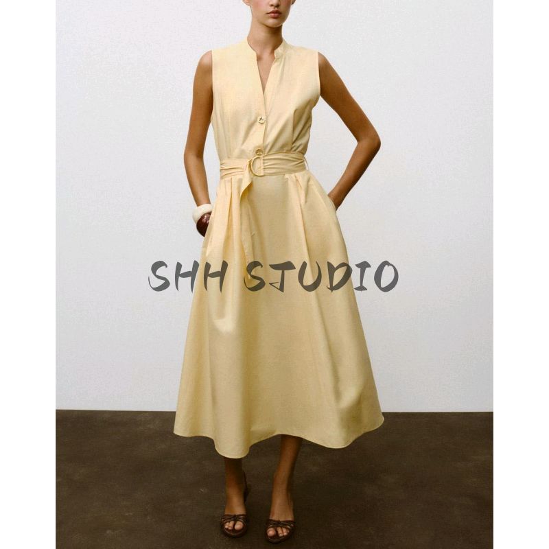 Autumn New Women's Clothing Pleated Decorative Round Neck Sleeveless with Belt Poplin Midi Skirt Dress 5029128