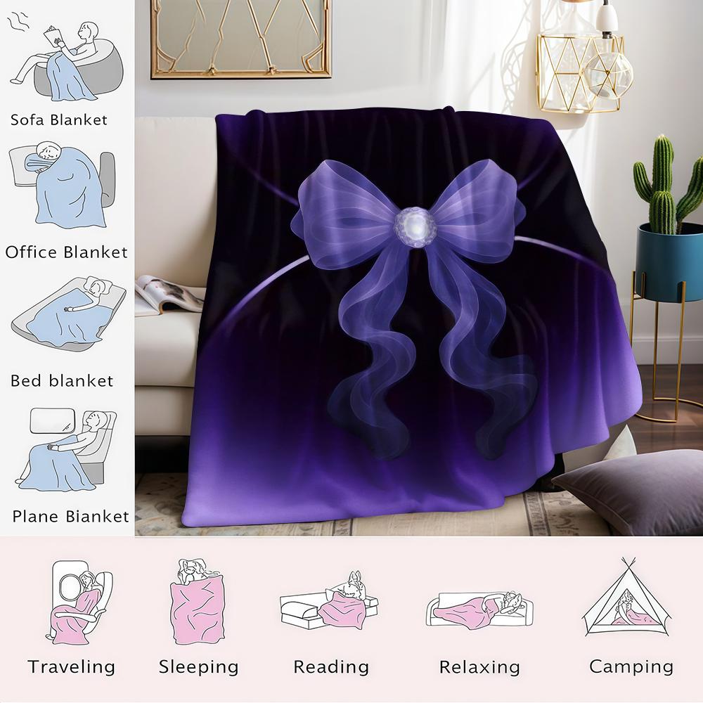 Lavender Sheer Bow Flannel Blanket Warm Soft Halloween Christmas Couch Warm Cozy Decorative Decor Gift for All Season