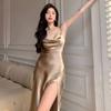 Korean Version Suspender Dress, Summer and Autumn New Split-ended Medium and Long Dress, High-end Temperament, Sexy Slim Skirt