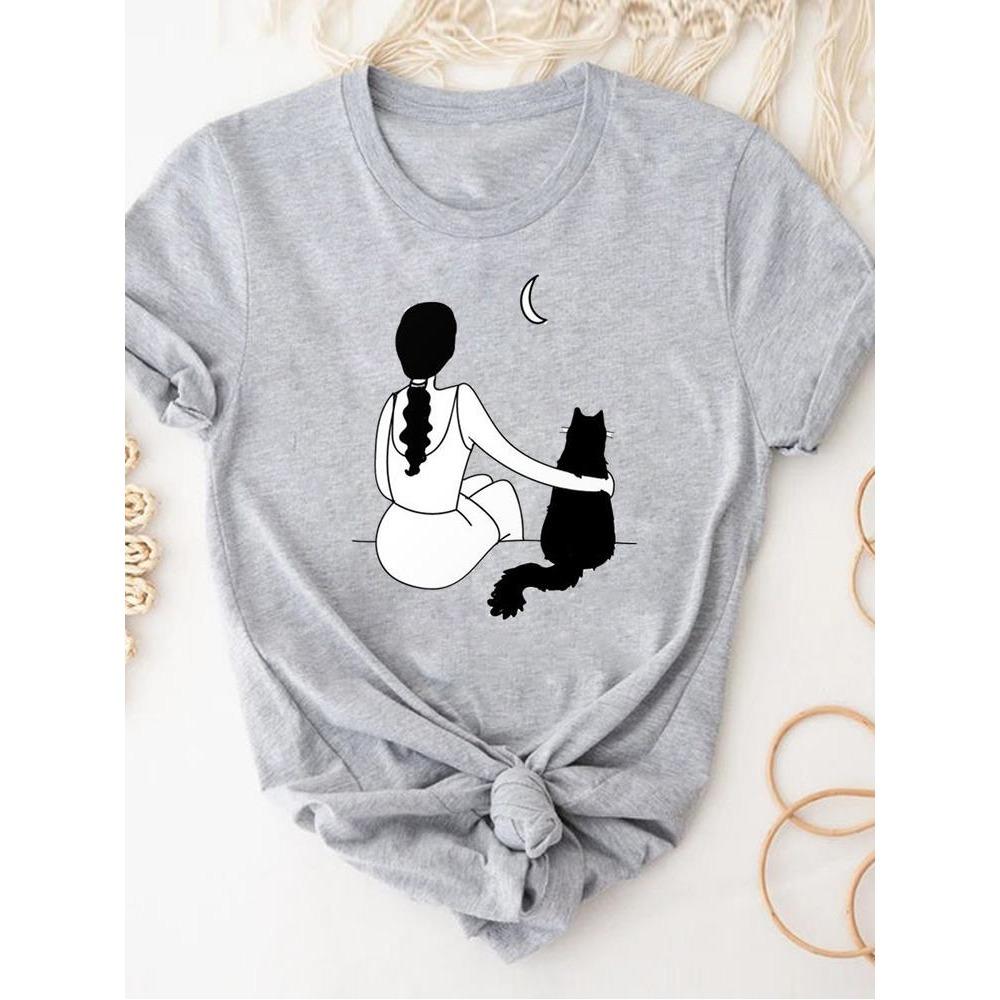Print T Shirt Short Sleeve Summer Clothes Women Clothing Gray Owl Love Style Trend Cute Basic Tee Top Fashion Graphic T-shirt