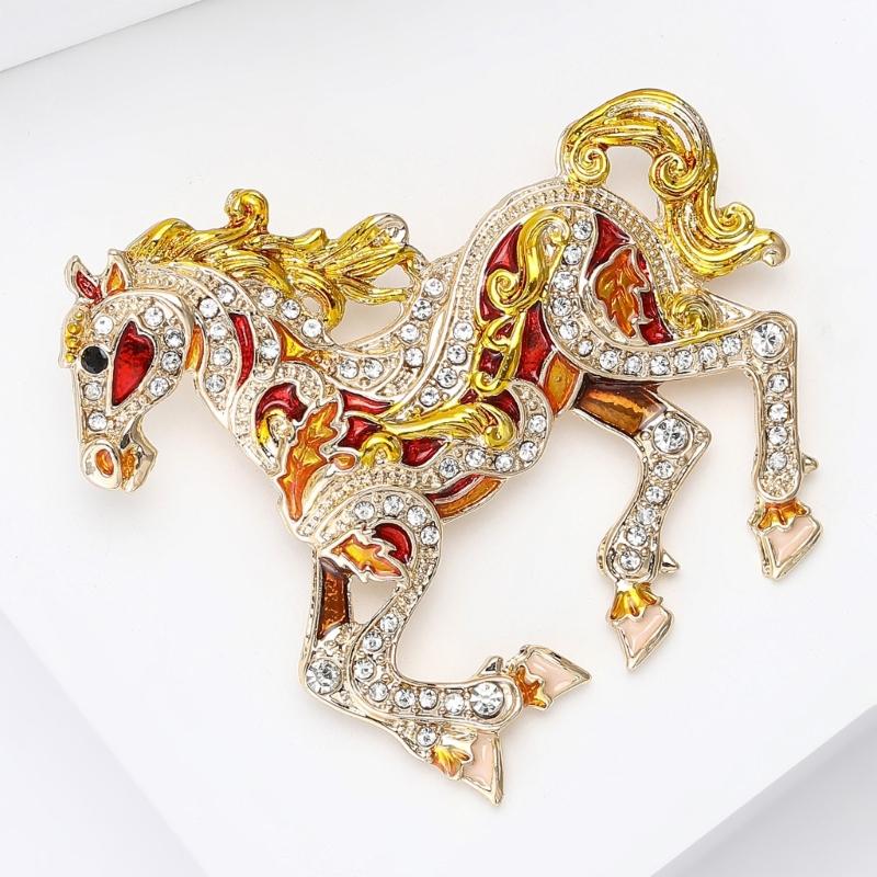Trendy Enamel Horse Shaped Brooch Rhinestones Embellished Decorative Jewelry for Dresses Jackets Bags