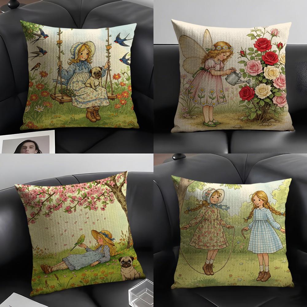 Art Sarah Kay Swing Girl Cushion Cover Natural Linen Organic Fabric DoubleSided Printing Sofa Home Decor Gift Pillow Case