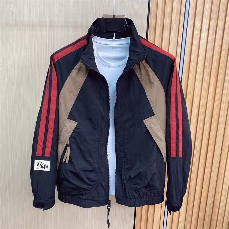 New Fashion Brand Striped Spliced Contrasting Cardigan Stand Collar Jacket