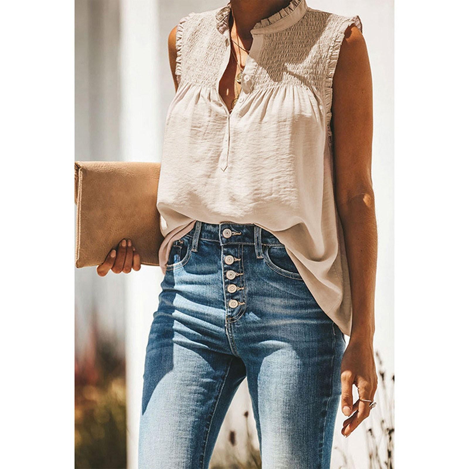 

Женская мода, повседневный жилет без рукавов с принтом и воротником-стойкой, кружевная вставка на пуговицах, футболка, летний топ XL бежевый