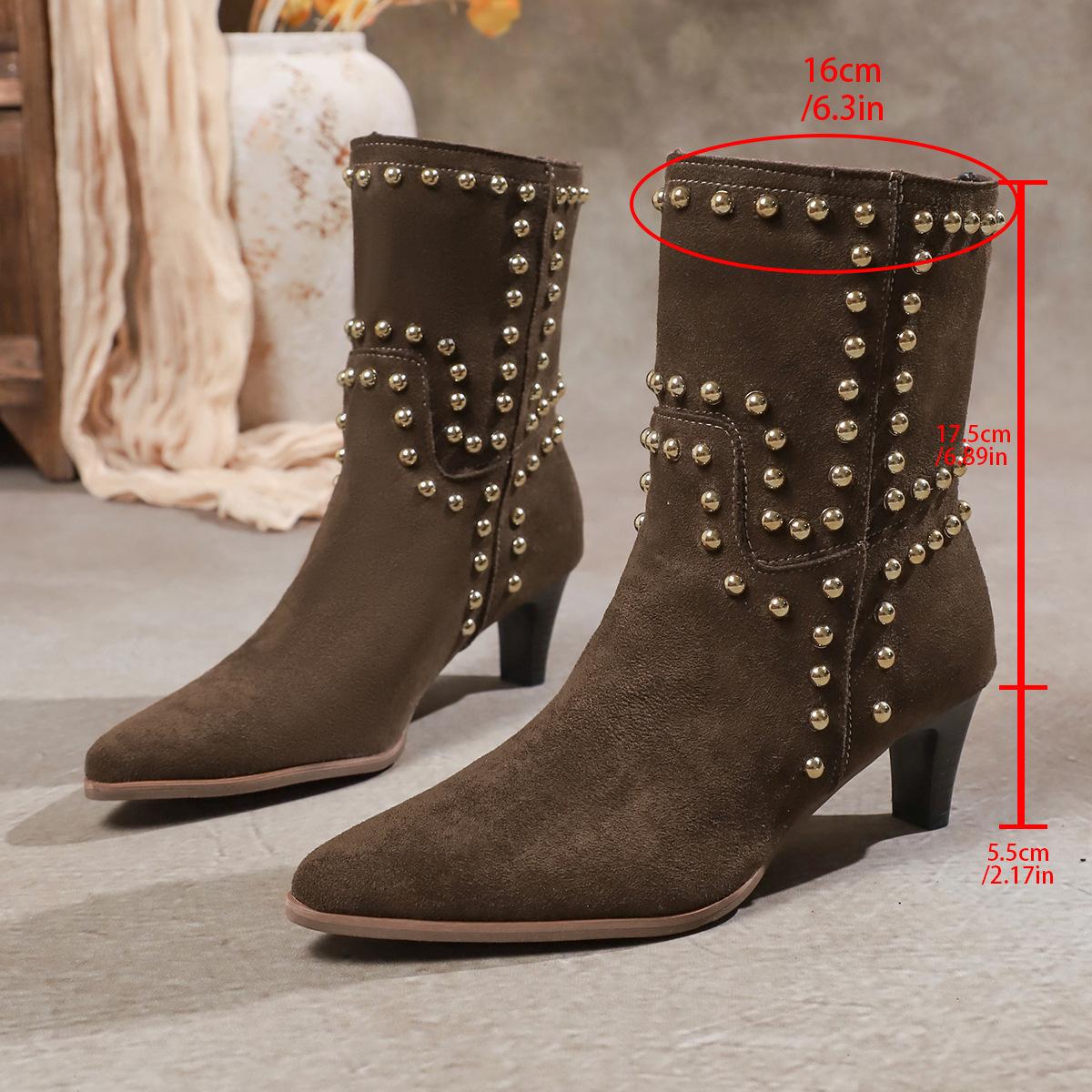 

Autumn and winter rivets high heels pointed loose women s boots leather surface personalized large size shoes 42 коричневый