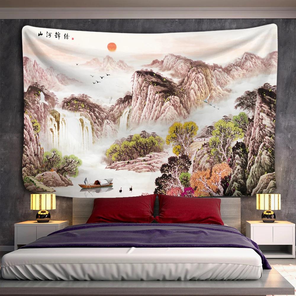 Sunset Mountain Forest Tapestry Wall Hanging Japanese Illustration Bohemian Witchcraft Hippie Mandala Home Decor