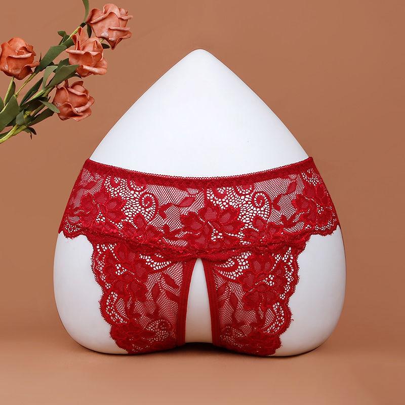 6 Colors Floral Lace Transparent Underpants Women Sexy Open Crotch Insertable Thongs Plus Size Low Waist Underwear Briefs