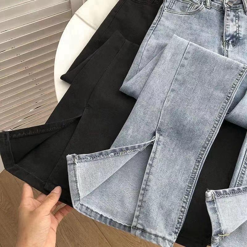 Streetwear Elastic Denim Flare Pants Woman High Waist Wide Leg Pants Vintage Split Jeans Woman Gray Bell Bottom Jeans