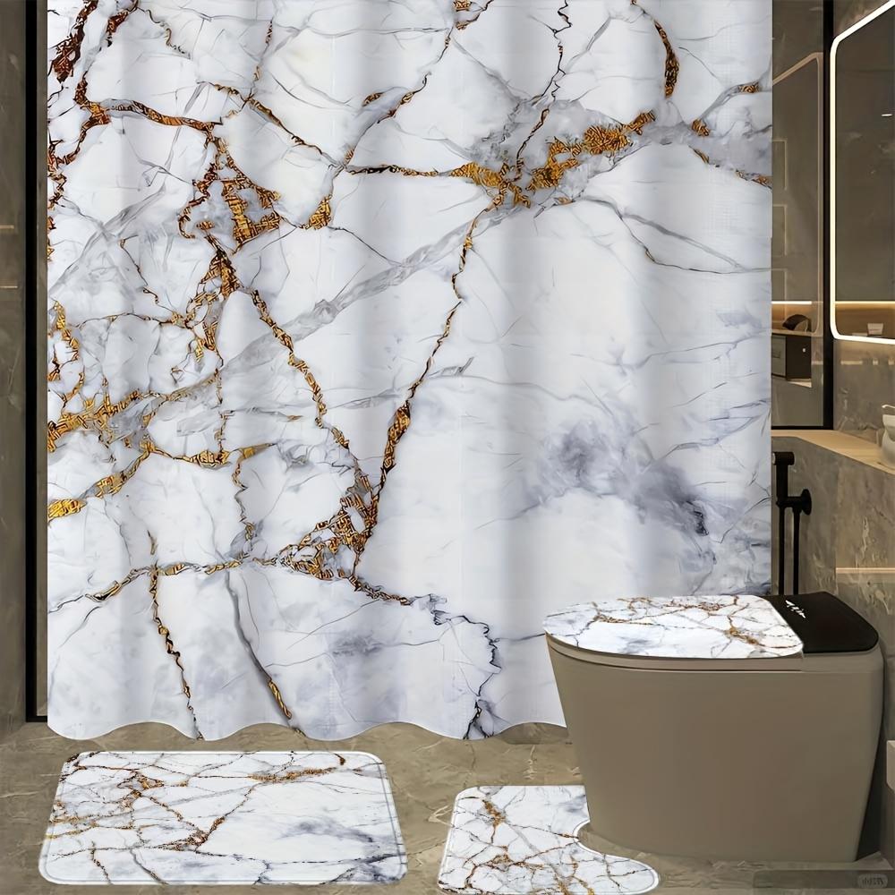 4-teiliges Badezimmer-Duschvorhang-Set Marmor Badezimmer-Vorhang mit 12 Haken Rutschfeste Teppiche Toilettendeckelmatte Badezimmer-Trennwand