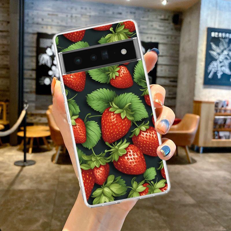 For Google Pixel 10 Pro Clear Phone Case Pixel 9 Pro XL Pixel 8 Pro 9A 8A 7A 7 6A 6 Pro Cover Summer Strawberry Flowers Print