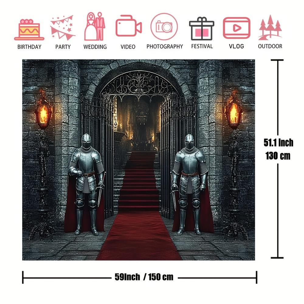 1 piece high-quality polyester Halloween background fabric featuring medieval knight and castle arch design.PMJ