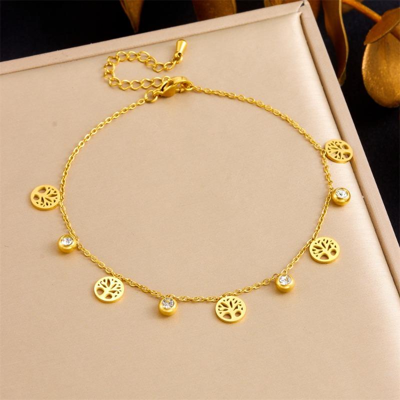 Gold Plated Cross and Cubic Zirconia Charm Anklet for Women Stainless Steel Foot Jewelry