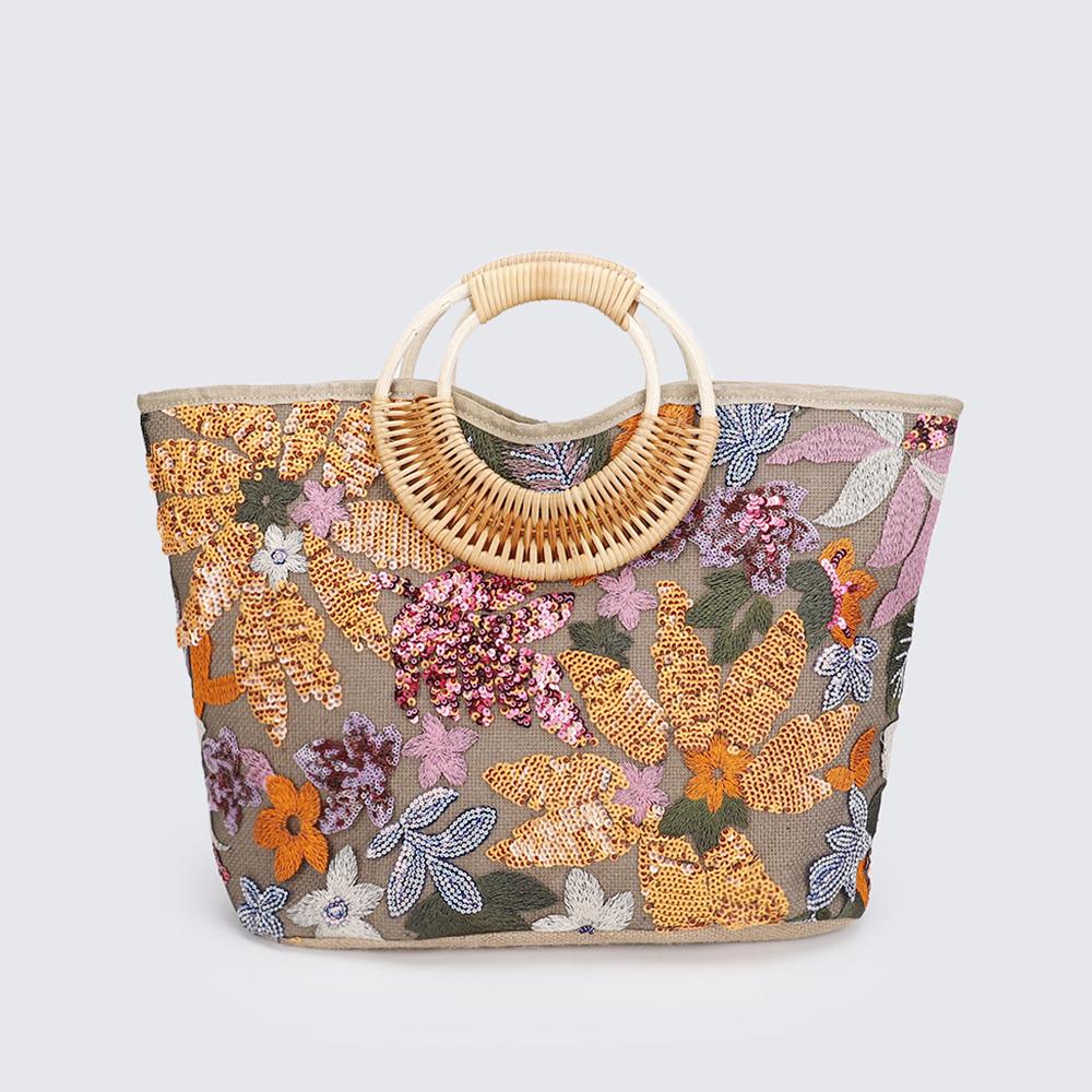 

Flower Sequins Embroidery Women Handbag Round Rattan Handle Beach Bags for Women Large Embroidery Basket Bag Travel Shopper Tote 34x15x29.5cm