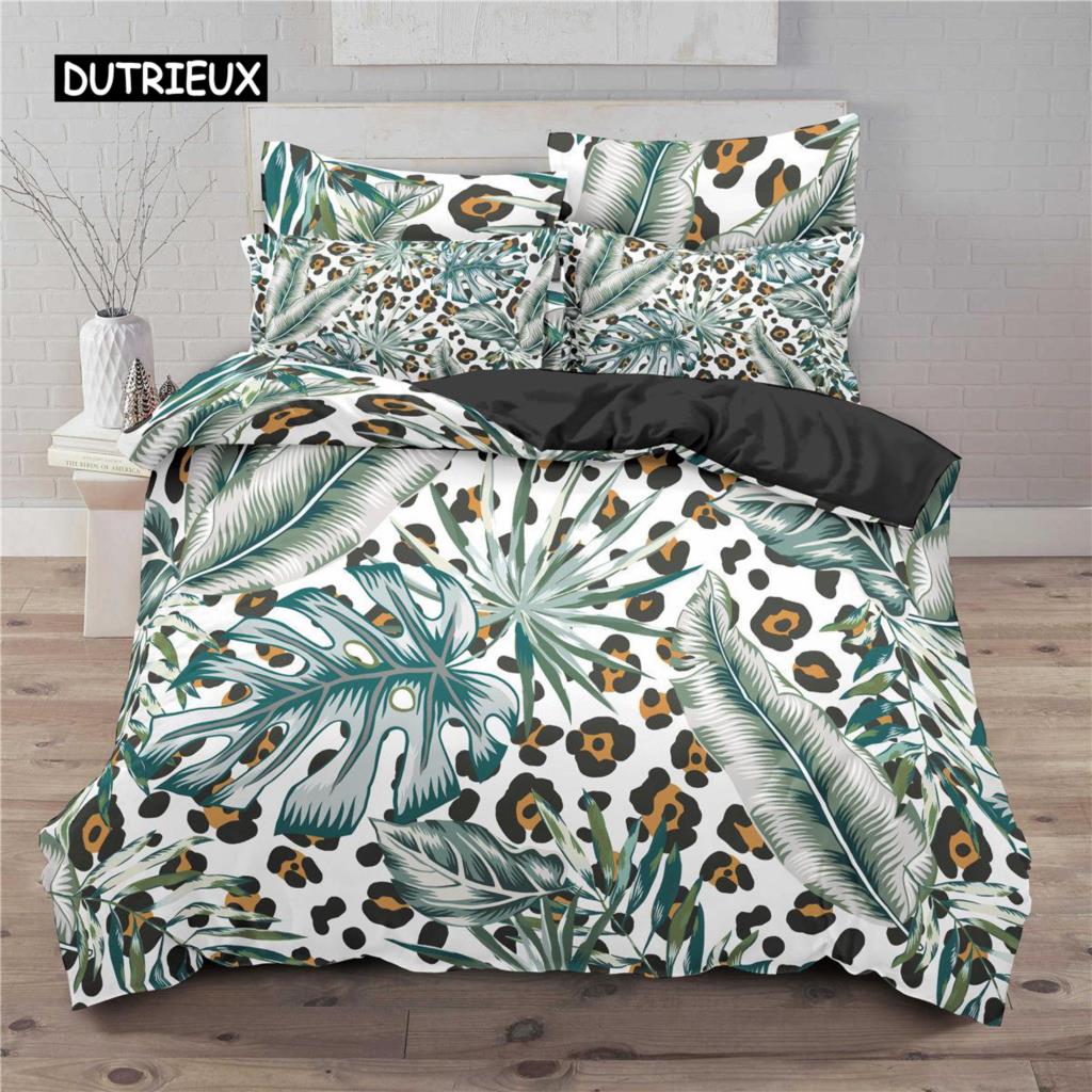Leopard Print Duvet Cover Set Tropical Plant Flower Print Bedding Set Microfiber 2/3pcs Twin Double Queen King Size Quilt Cover