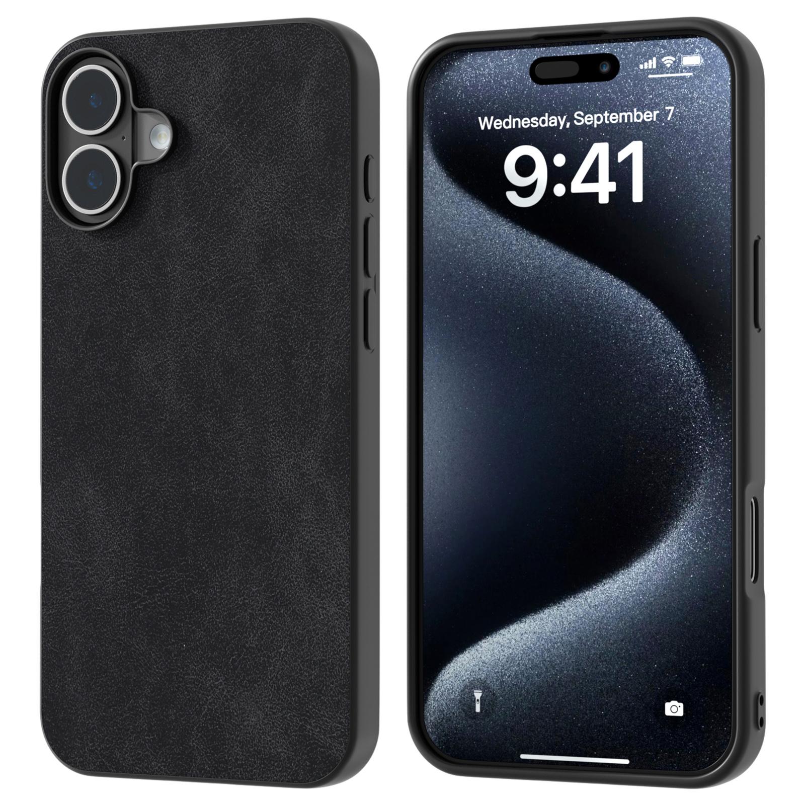 

For iPhone 16 Case Anti-Scratch PU Leather Phone Back Cover Black Edge