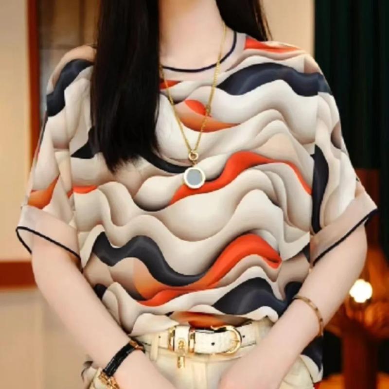 Women s Abstract Wave Print Crew Neck Short Sleeve Blouse L оранжевый