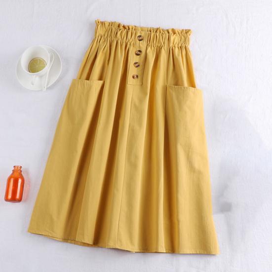 Dámská ležérní sukně s elastickým vysokým pasem a áčkovým lemem, jednobarevné knoflíky, ozdobné kapsy, midi sukně