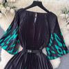 Summer Beach Leopard Print Miyake Oversized Dress Women Clothing Flare Sleeve Belt Big Swing Pleated Loose Long Robe