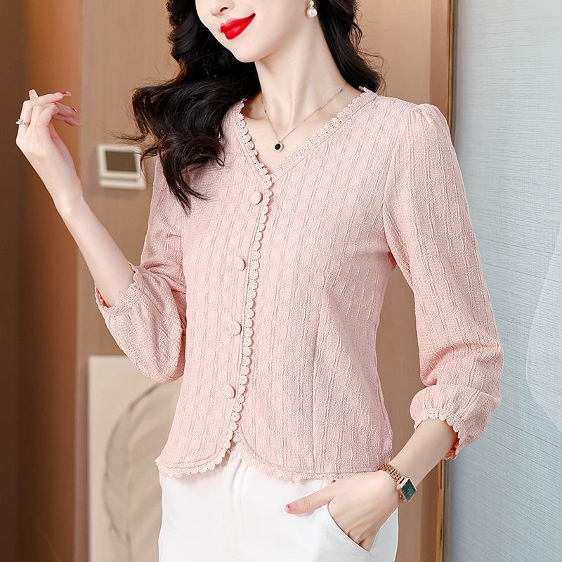 Women's New Spring Style Style Style Style Style Style Style Style Waist Shirt Beautiful V-neck Top
