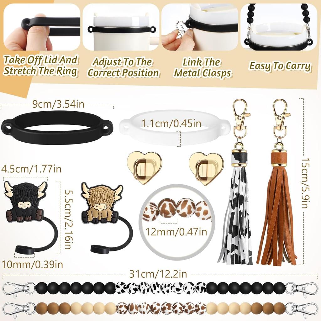 Tondiamo 2 Set Highland Cow Cup Accessories Set Compatible with Stanley Tumbler Include Silicone Beaded Bottle Strap Leather Tassel Charm Cow Rubber