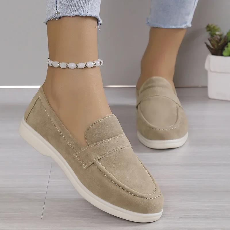 Fashion New Round Head Suede Flat Bottom Light Mouth Single Shoes, Women's Low-top Solid Color Lazy Loafers