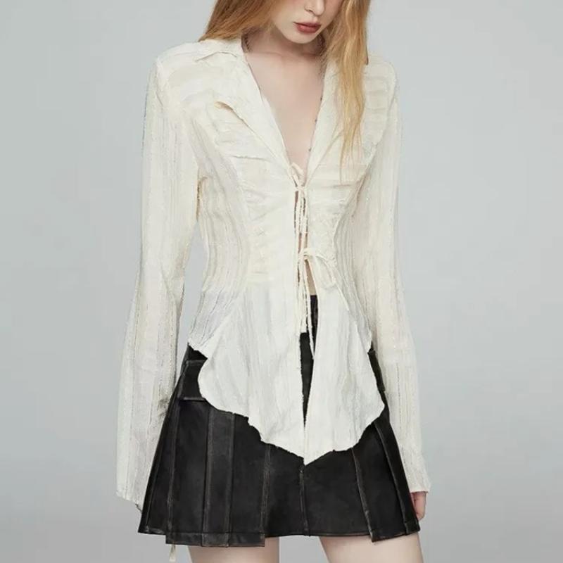 Deeptown Fairycore Lace Up Blouse Women Long Sleeve New Turn Down Collar Shirts Feminina Ladies Cropped Tops Korean Fashion Chic