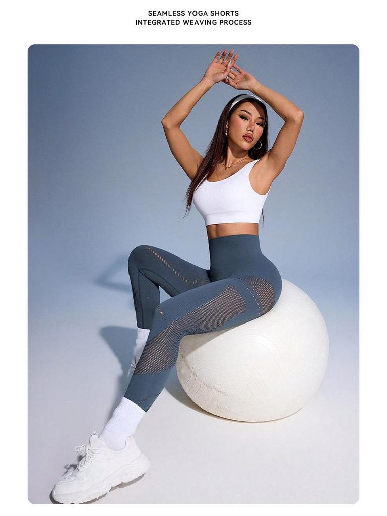 European & American High Waist Seamless Yoga Leggings - Peach Butt, Hollow Out Design for Women's Fitness & Outdoor Running