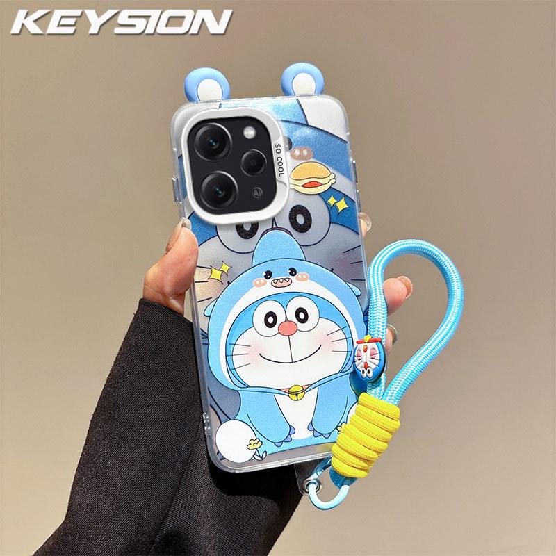 KEYSION Cute Ear Cartoon Case for Redmi 12 4G with Lanyard Soft Silicone+PC Shockproof Phone Back Cover for Xiaomi Redmi 12 5G