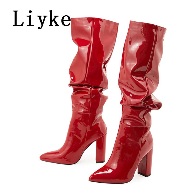 Fashion Liyke 2025 Autumn Winter Pleated Patent Leather Knee High Boots Female Pointed Toe Slip On Motorcycle Shoes Women Square Heels