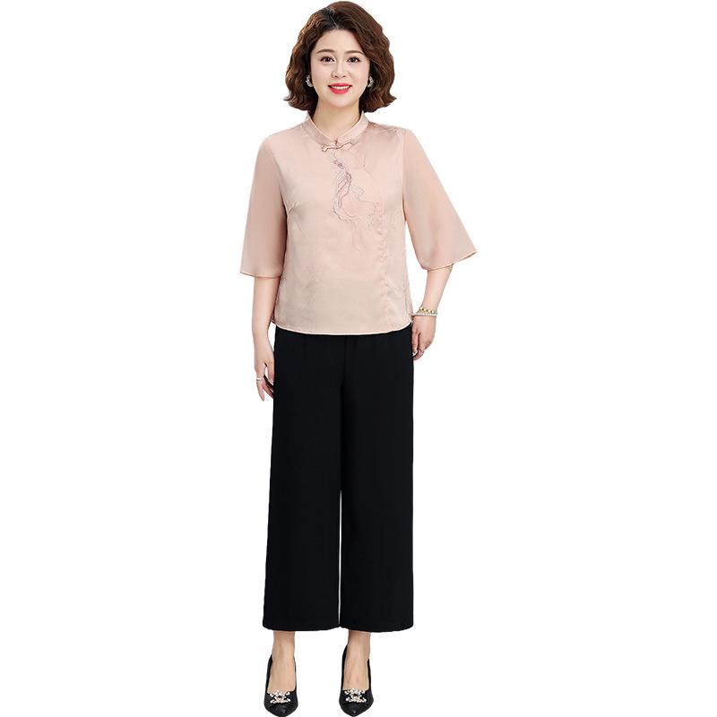 Mom's Summer 2026 Embroidered Two-Piece Set: Short-Sleeved Top and Thin-Style Pants for Middle-Aged Women