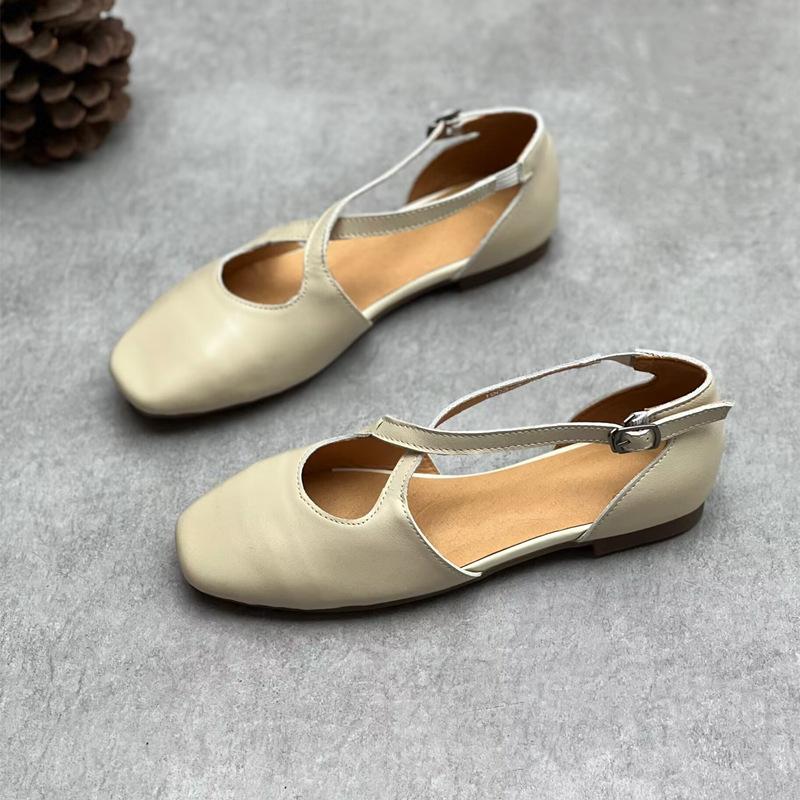 Johnature Handmade Genuine Leather Shallow Buckle Strap Sandals Versatile Soft Cowhide Women's Flat Shoes